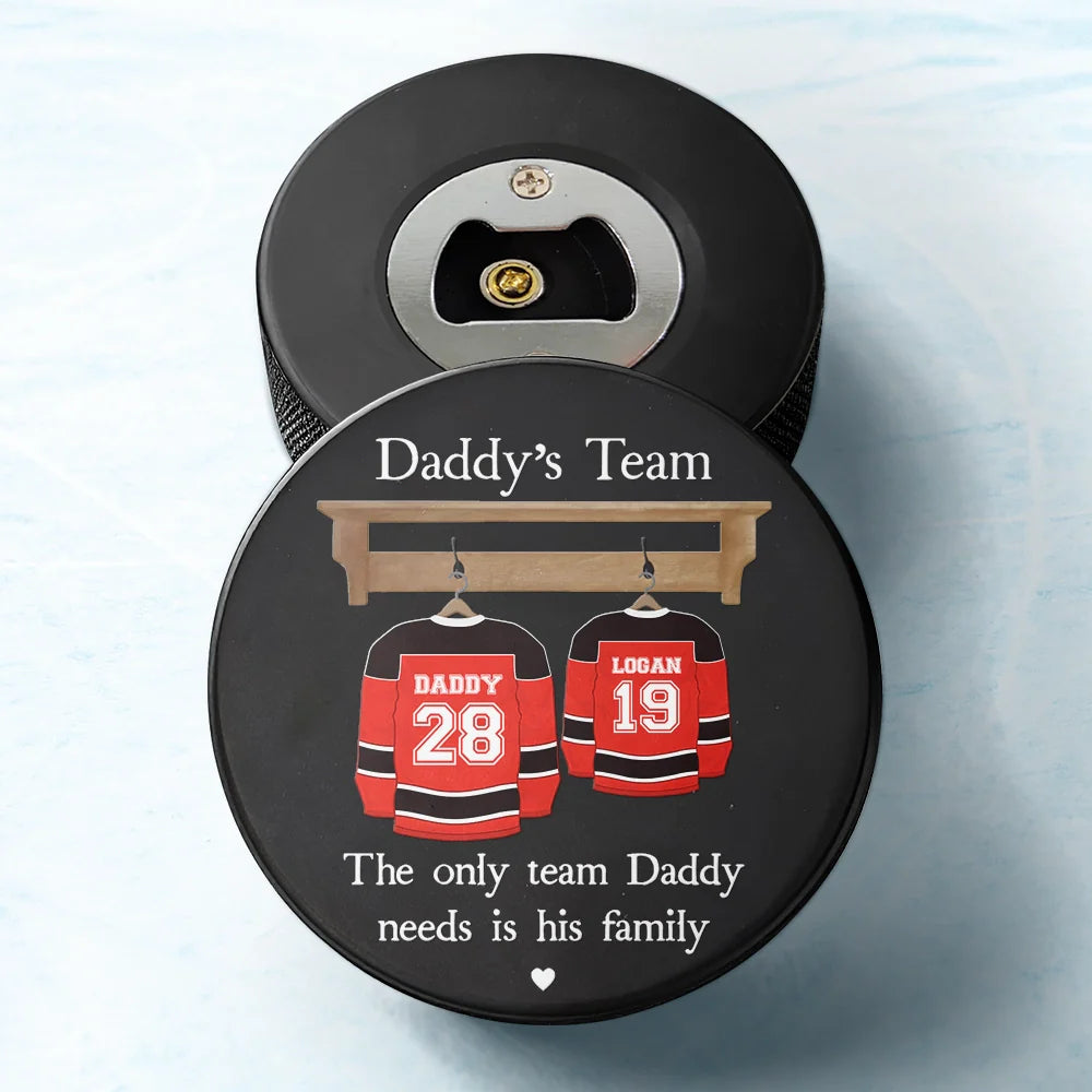 Dad - Children, Gift For Father, Happy - Daddy's Dream Team - Personalized Hockey Puck Bottle Opener