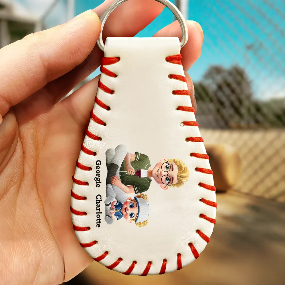 Gift For Father,Baseball,Dad - Children,Happy - Daddy's Dream Team - Personalized Leather Baseball Keychain