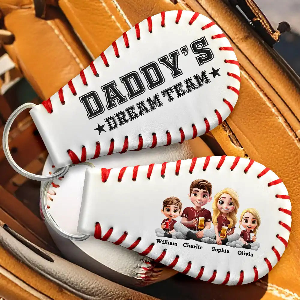 Gift For Father,Baseball,Dad - Children,Happy - Daddy's Dream Team - Personalized Leather Baseball Keychain