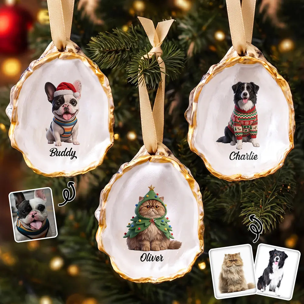 Art Design,Christmas,Custom Photo,Indoor Decor,Pet Lovers,Photo - Christmas Accessories 3D Cartoon Pet,Playful - Christmas Gift For Dog Lovers - Personalized Custom Photo Pet Portrait Oyster Ornament
