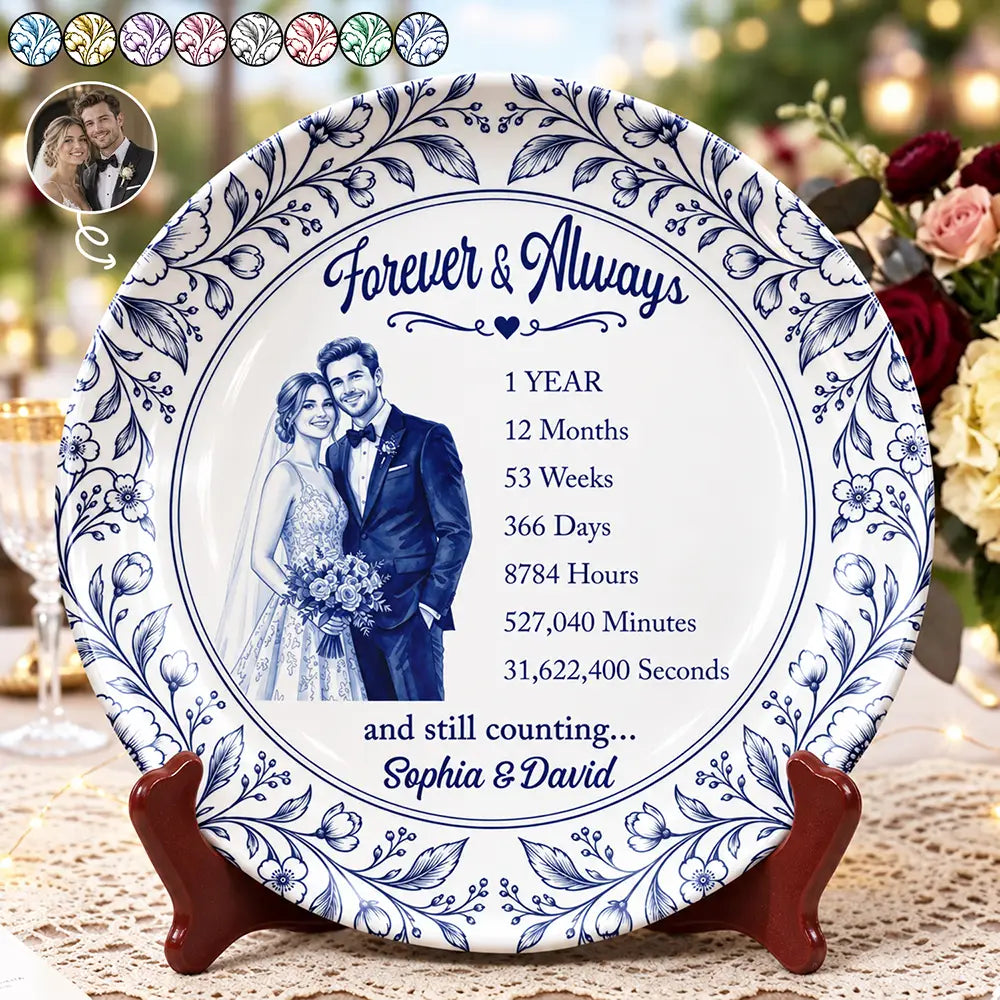 Art Design,Romantic,Gift For Couples,Photo - Porcelain Art Style - Custom Photo Watercolor Forever & Always Couple Anniversary - Personalized Ceramic Plate