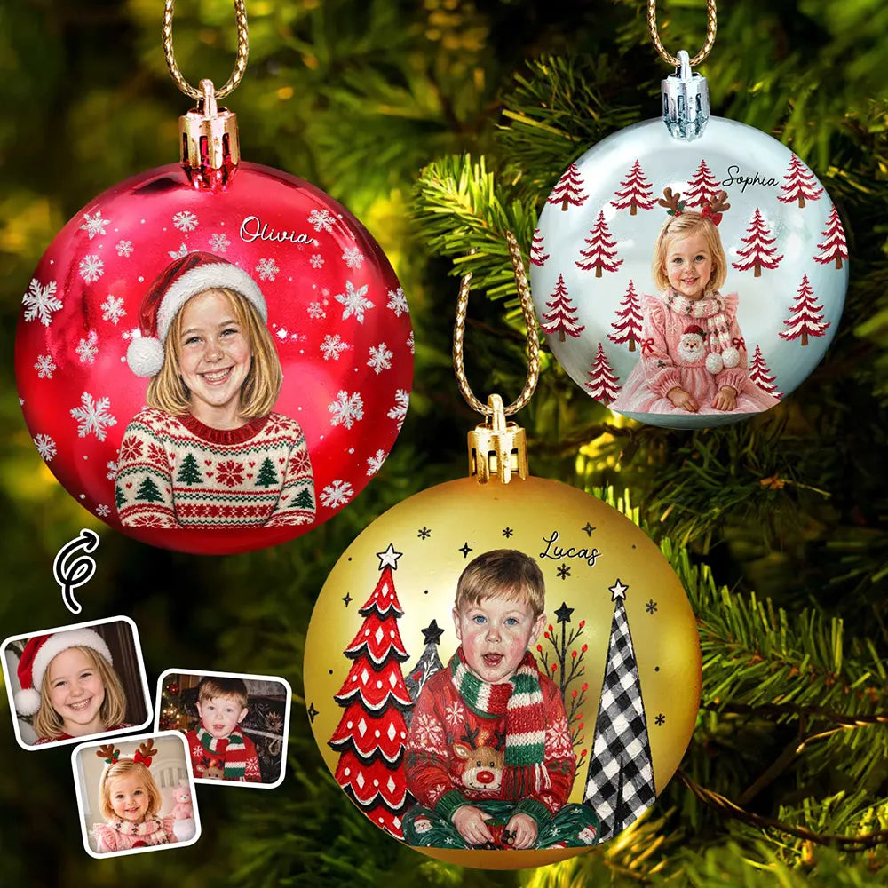 Christmas Gift For Kids Family - Personalized Custom Photo & Name Kid Portrait With Pine Tree Snowflake Ball Ornament