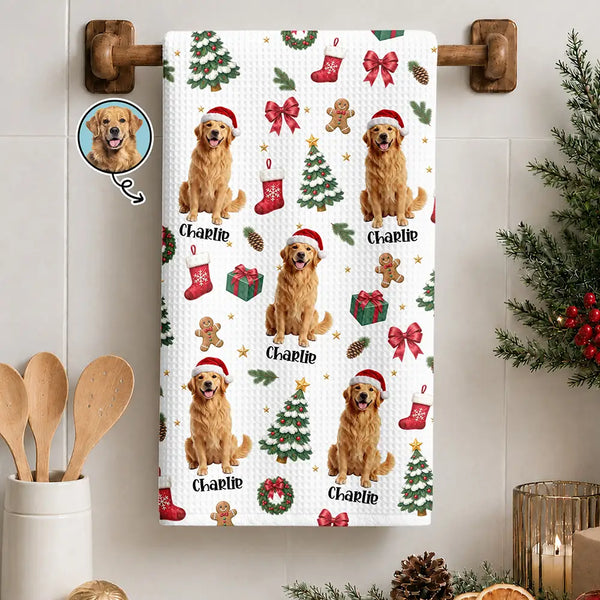 Christmas Gift For Pet Mom - Personalized Custom Photo Pet Name Festive Pattern Kitchen Towel