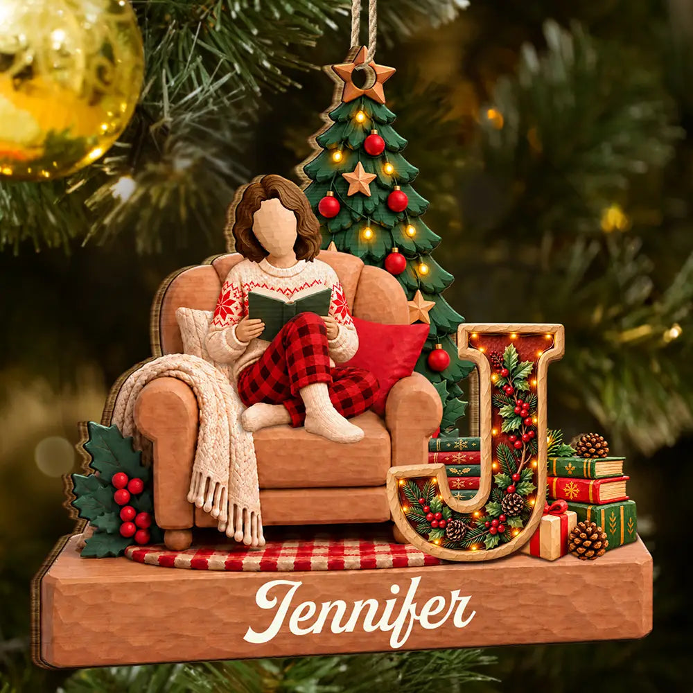 Christmas Gift Book Lovers, Bookworms - Personalized 3D Initial Christmas Concept Wooden Ornament