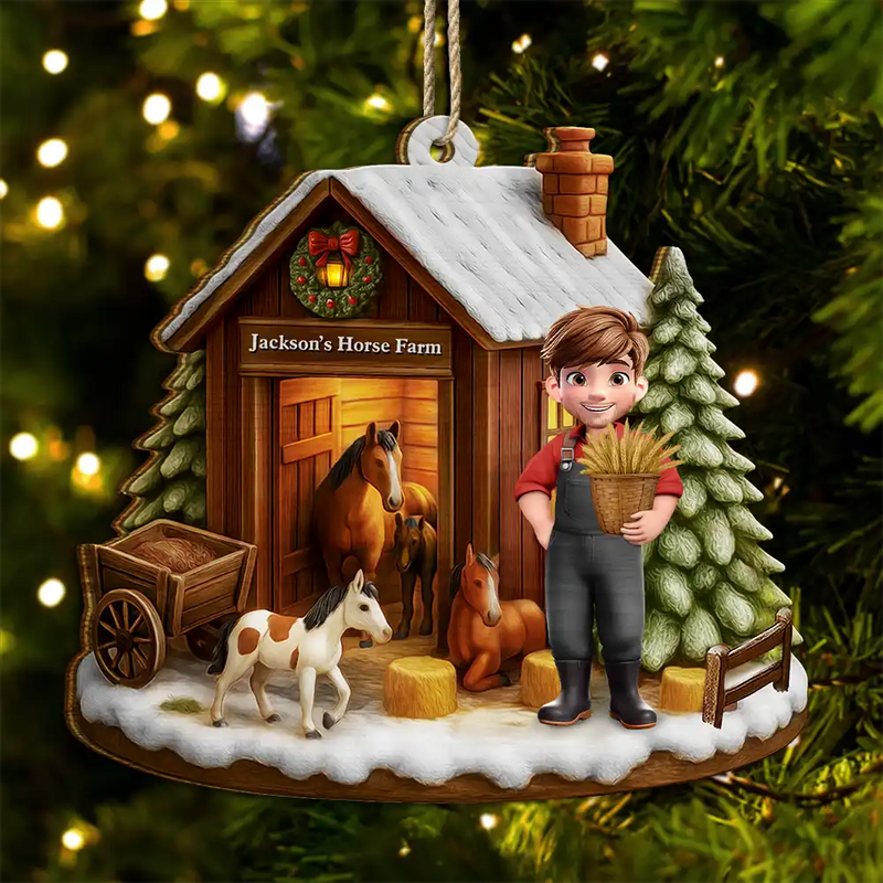 Farm, Gift For Yourself, Christmas, Gift For Women, Gift For Men, Happy - 3D Effect Christmas Horse Farm - Personalized Custom Shaped Wooden Ornament