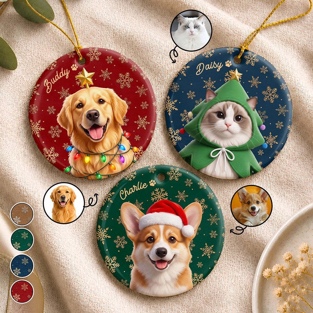 Christmas Gift For Dog Cat Lovers - Personalized Custom Photo Snowflake Pet Portrait And Name Circle Ceramic Ornament