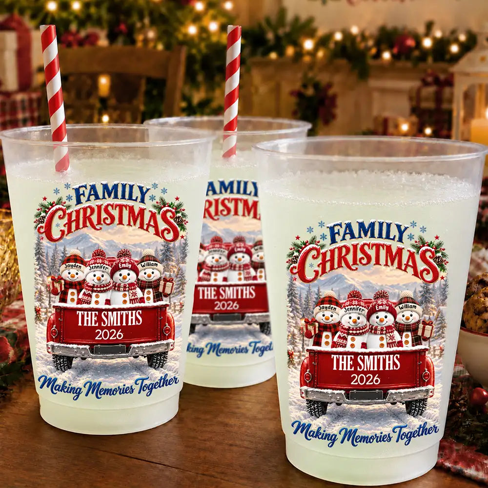 Christmas Gift For Family Gathering - Personalized Family Name Snowman Red Truck All Roads Lead Home At Christmas Frosted Cups