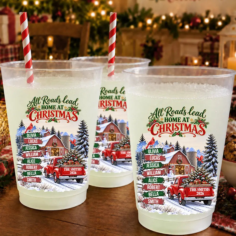 Christmas Gift For Family Gathering - Personalized Family & Member Names All Roads Lead Home At Christmas Frosted Cups