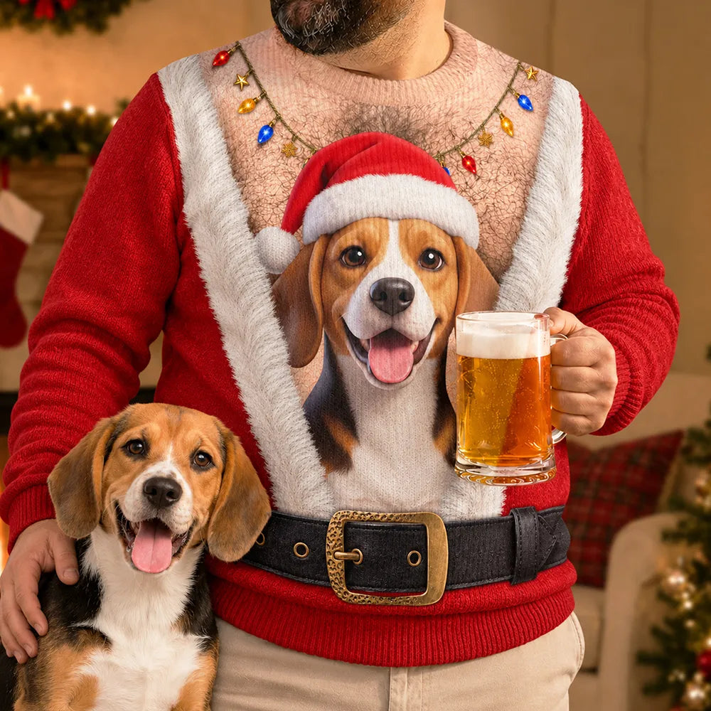 Christmas Gag Gift For Pet Dad - Personalized Custom Photo Pet Face Hairy Chest Abs Body Unisex Ugly Sweater
