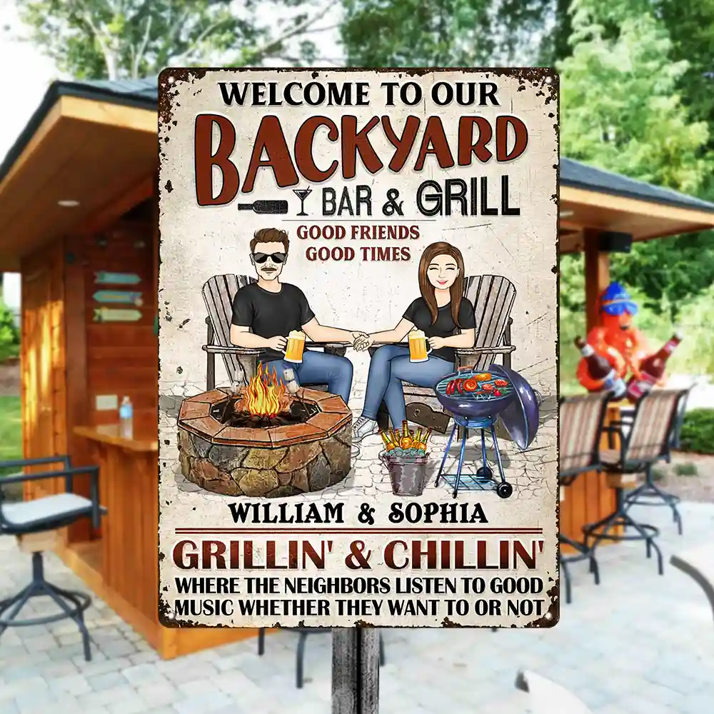 Backyard Bar Family Couple Listen To The Good Music - Patio Sign - Personalized Custom Classic Metal Signs