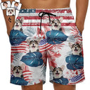 Short de plage unisexe personnalisé avec photo humoristique représentant un animal de compagnie et des étoiles et des rayures – Cadeau pour hommes, amoureux des chiens et des chats