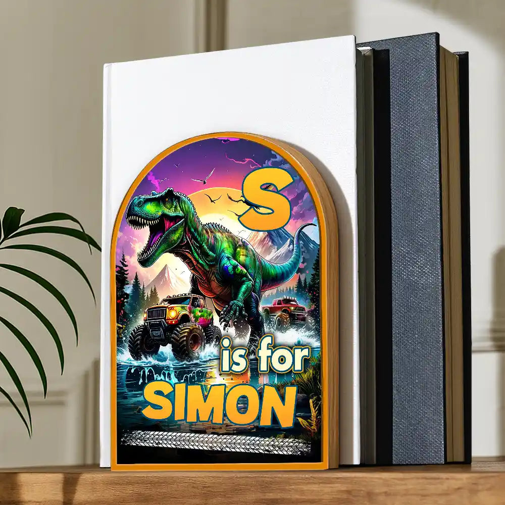 Happy,Gift For Kids - Dinosaur Big Trucks Kids - Personalized Wood Book Ends