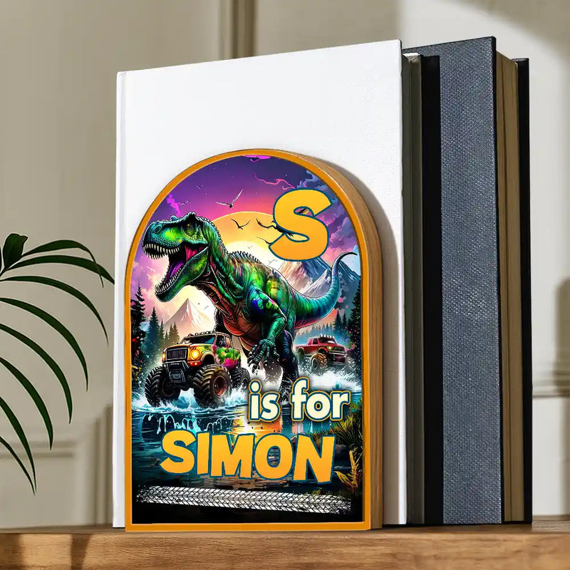 Happy,Gift For Kids - Dinosaur Big Trucks Kids - Personalized Wood Book Ends