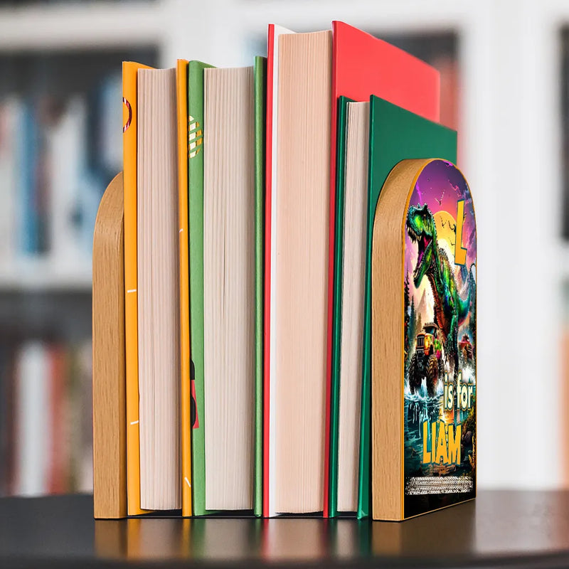 Dinosaur Big Trucks Kids - Personalized Wood Book Ends