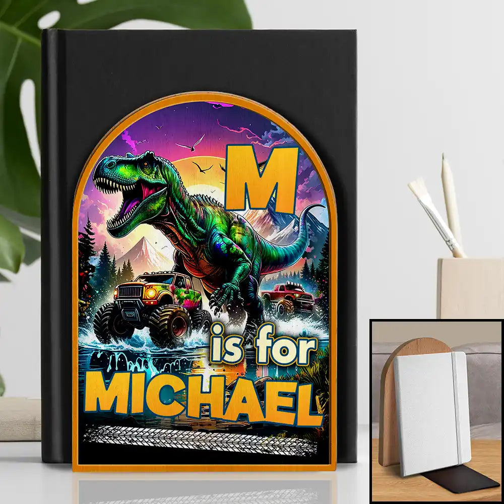 Serre-livres en bois personnalisés Dinosaur Big Trucks Kids