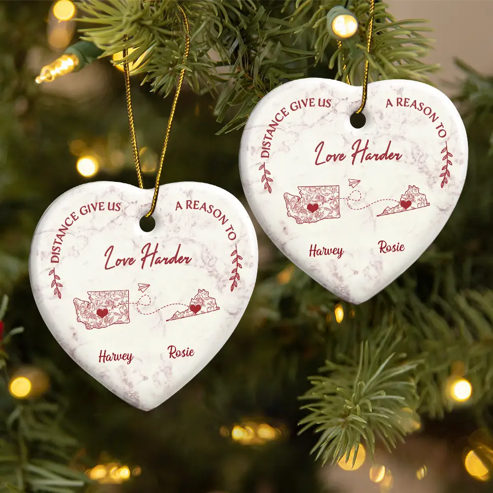 Christmas,Long Distance,Gift For Couples - Distance Give Us A Reason To Love Harder Toile US State - Personalized Heart Ceramic Ornament