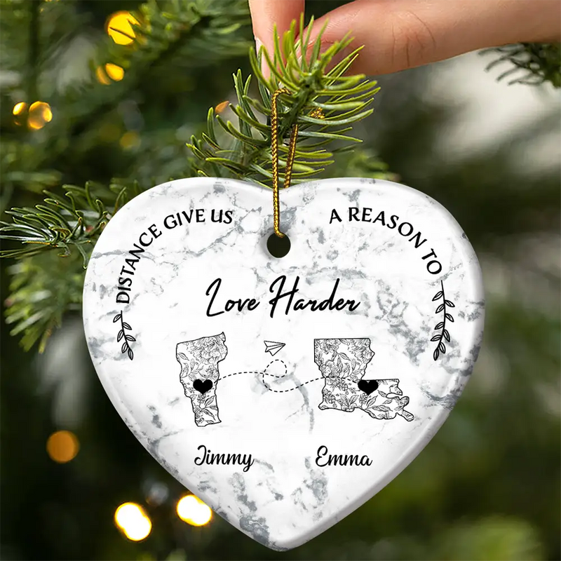 Christmas,Long Distance,Gift For Couples - Distance Give Us A Reason To Love Harder Toile US State - Personalized Heart Ceramic Ornament