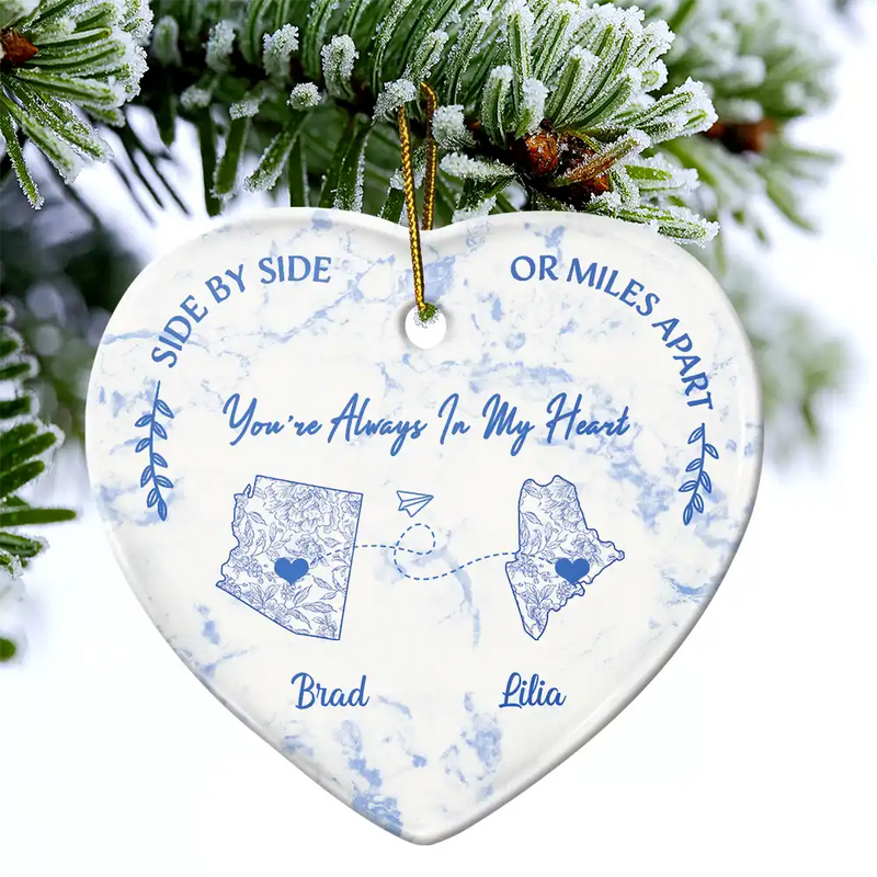 Christmas,Long Distance,Gift For Couples - Distance Give Us A Reason To Love Harder Toile US State - Personalized Heart Ceramic Ornament