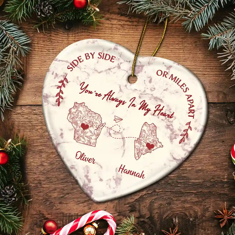 Christmas,Long Distance,Gift For Couples - Distance Give Us A Reason To Love Harder Toile US State - Personalized Heart Ceramic Ornament