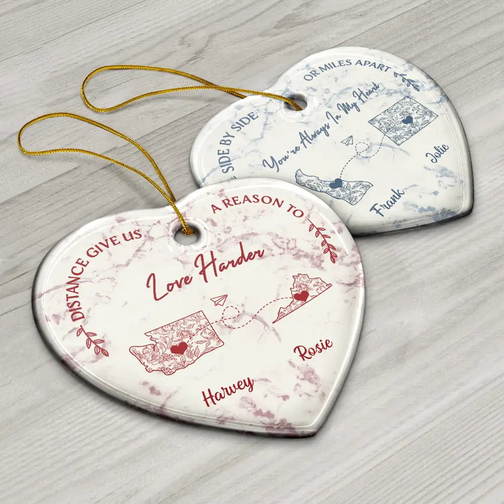 Christmas,Long Distance,Gift For Couples - Distance Give Us A Reason To Love Harder Toile US State - Personalized Heart Ceramic Ornament