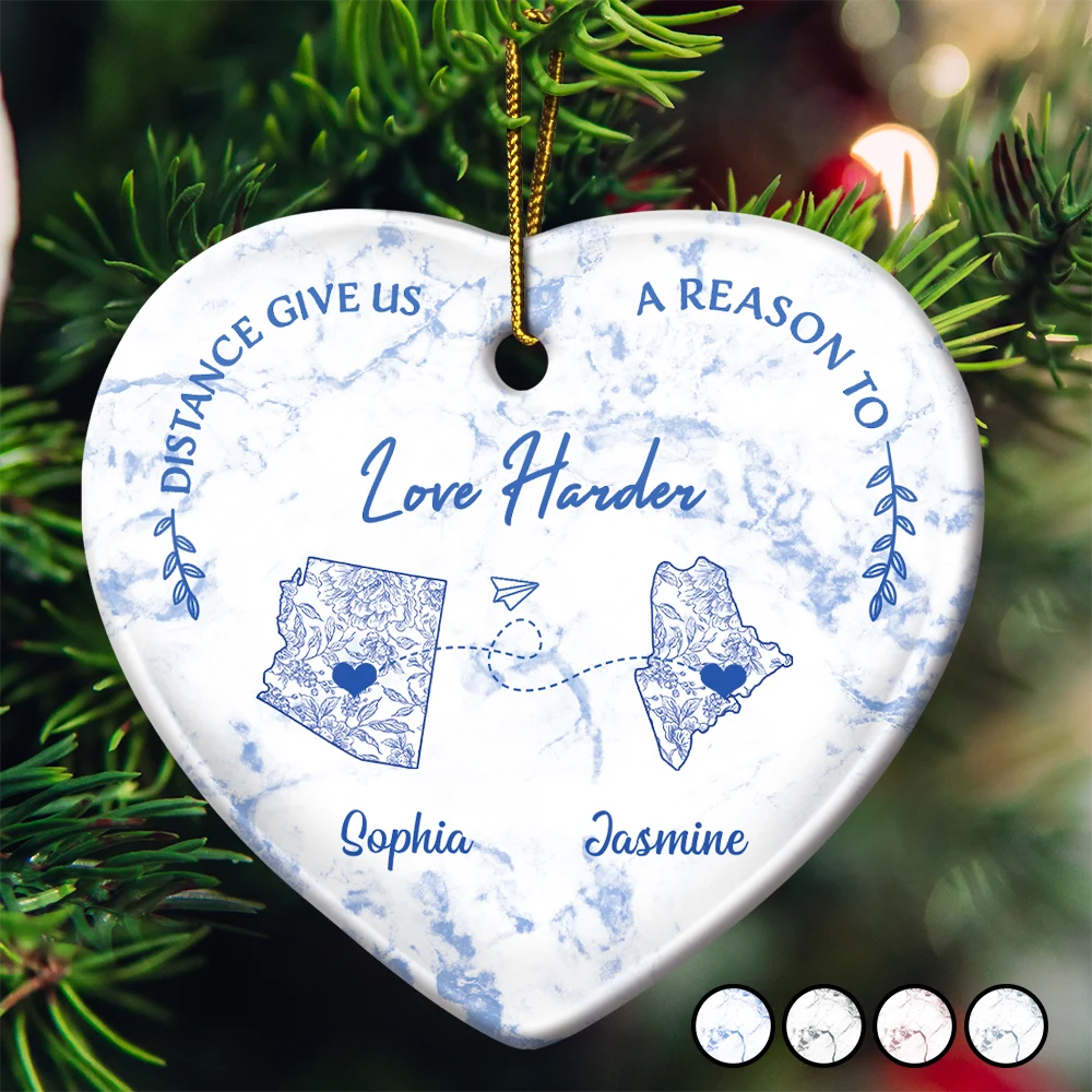 Distance Give Us A Reason To Love Harder Toile US State - Personalized Heart Ceramic Ornament