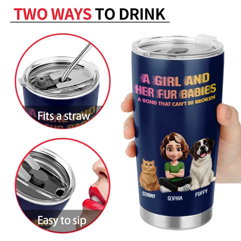 Pet Lovers,Pet Mom,Pet Dad,Cat Lovers,Cat Mom,Cat Dad,Dog Lovers,Dog Mom,Dog Dad,Gift For Women,Gift For Men,Happy,Top Market - Distressed Text Effect A Girl And Her Dogs Cat - Personalized Tumbler