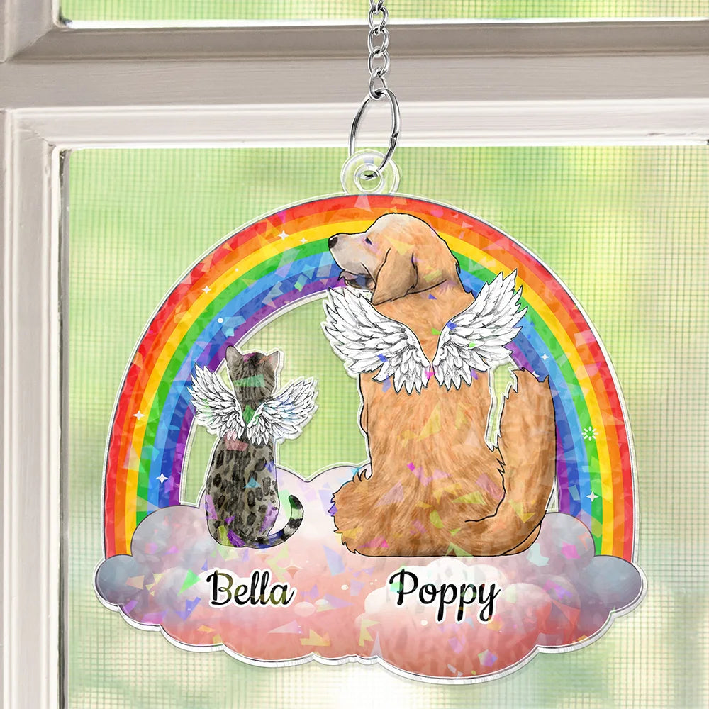 Dog Cat Sitting On The Cloud - Personalized Window Corner Suncatcher