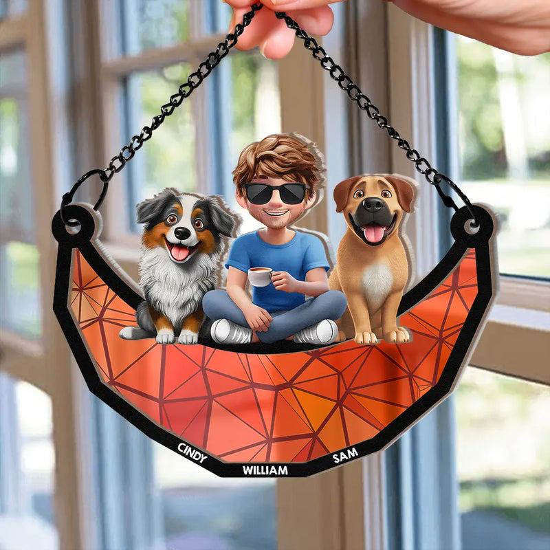 Dog Lovers, Dog Dad, Happy - Dog Lovers Sitting On The Moon - Personalized Window Hanging Suncatcher Ornament
