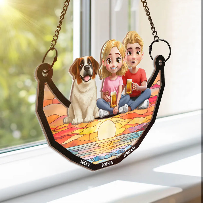 Dog Lovers, Dog Dad, Happy - Dog Lovers Sitting On The Moon - Personalized Window Hanging Suncatcher Ornament