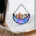 Dog Lovers, Dog Dad, Happy - Dog Lovers Sitting On The Moon - Personalized Window Hanging Suncatcher Ornament
