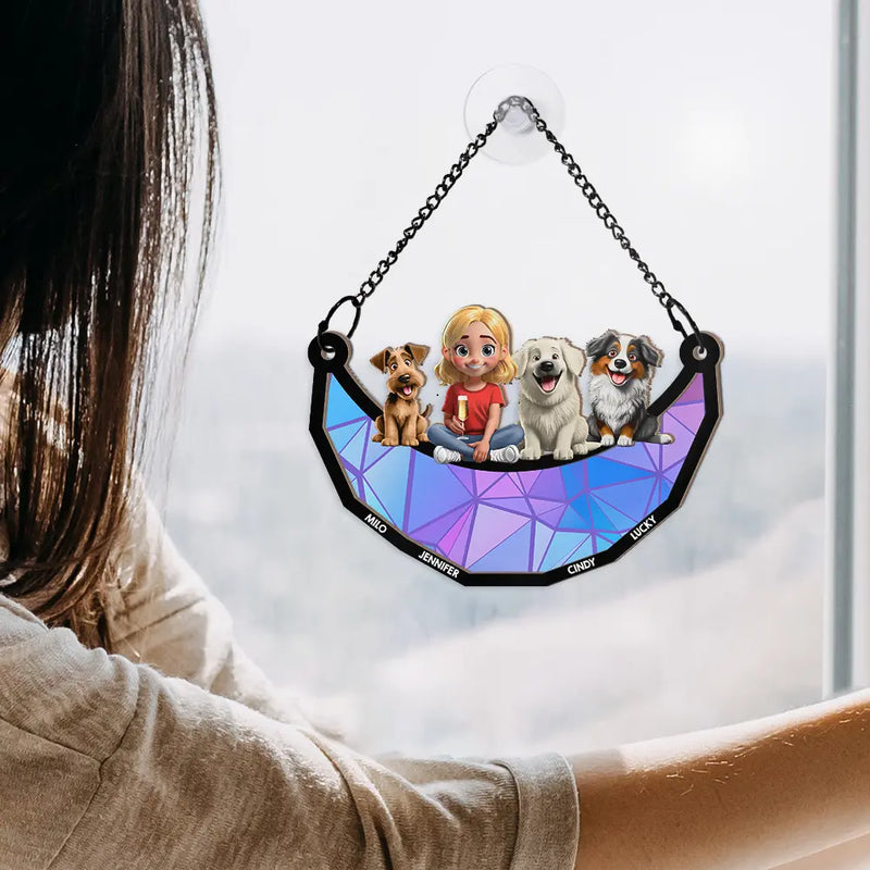Dog Lovers, Dog Dad, Happy - Dog Lovers Sitting On The Moon - Personalized Window Hanging Suncatcher Ornament