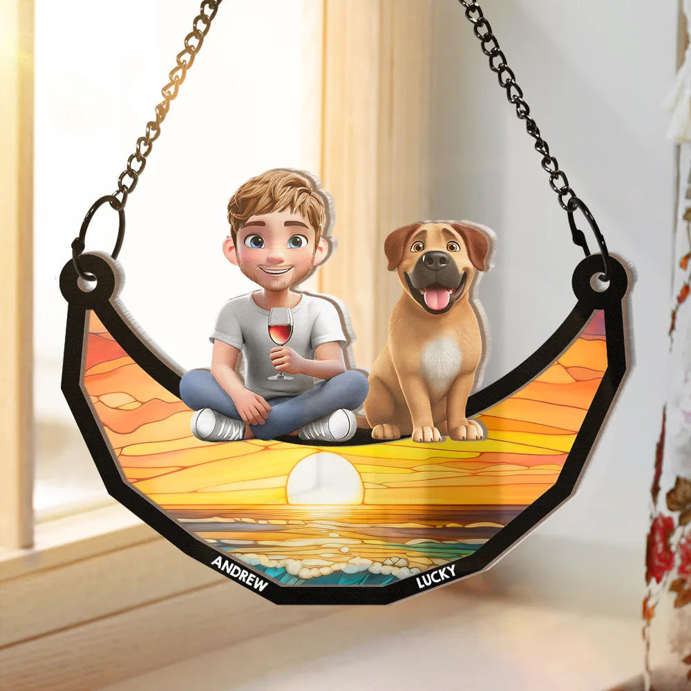 Dog Lovers, Dog Dad, Happy - Dog Lovers Sitting On The Moon - Personalized Window Hanging Suncatcher Ornament