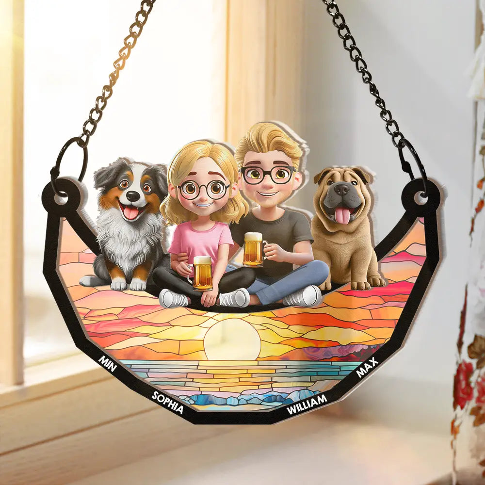 Dog Lovers, Dog Dad, Happy - Dog Lovers Sitting On The Moon - Personalized Window Hanging Suncatcher Ornament