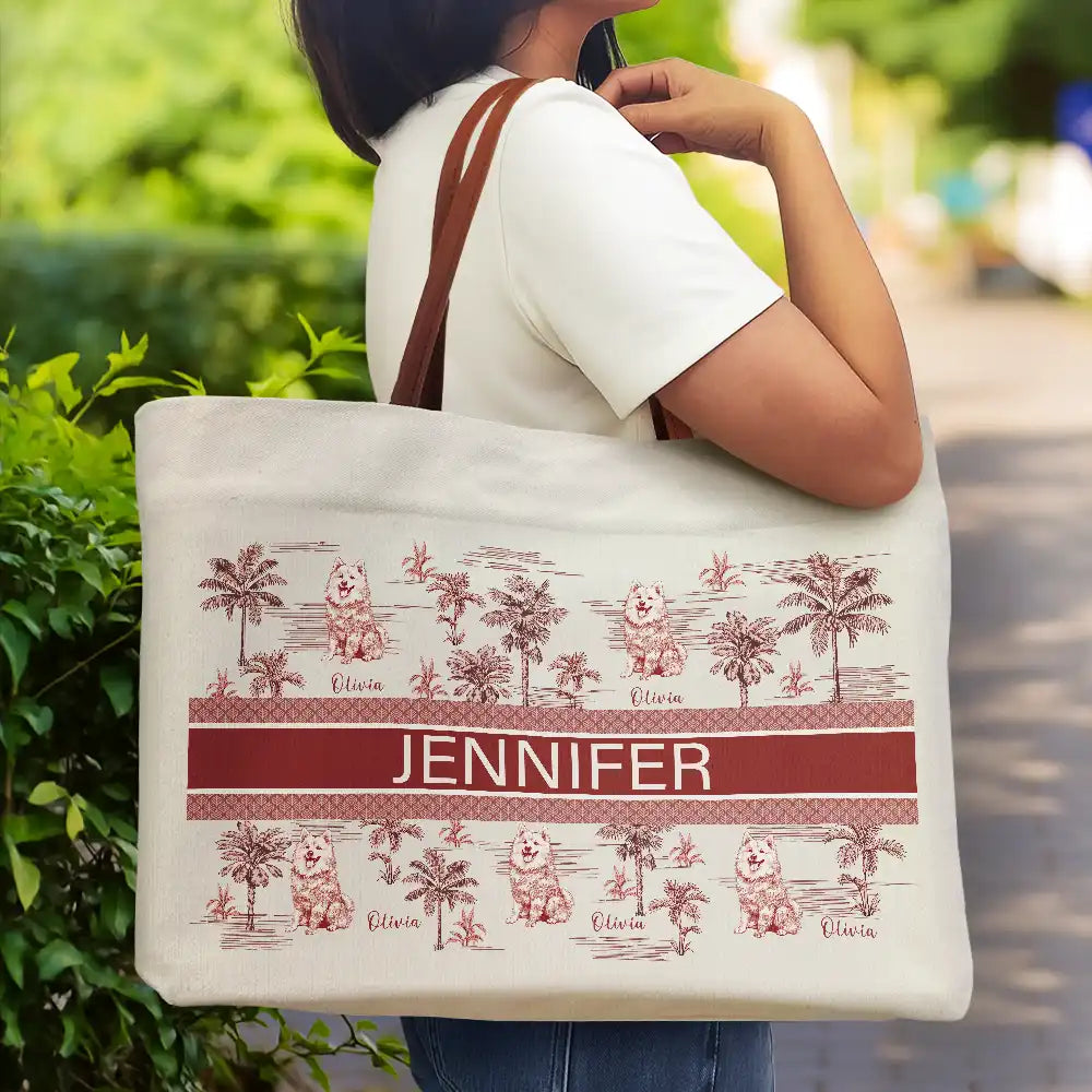 Dog Lovers,Dog Mom,Beach,Happy - Dog Mom Dog Lovers Toile De Joey Pattern - Personalized Leather Handle Tote Bag