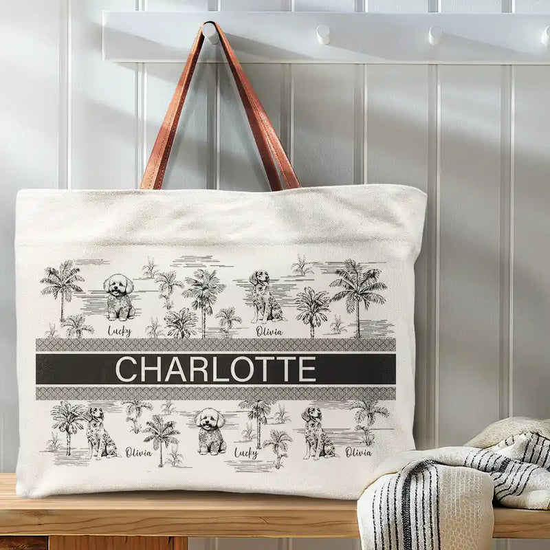 Dog Lovers,Dog Mom,Beach,Happy - Dog Mom Dog Lovers Toile De Joey Pattern - Personalized Leather Handle Tote Bag