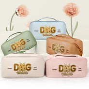 Pet Mom,Happy - Dog Cat Mama Mom Custom Pet Name - Personalized Embroidered Leather Makeup Bag
