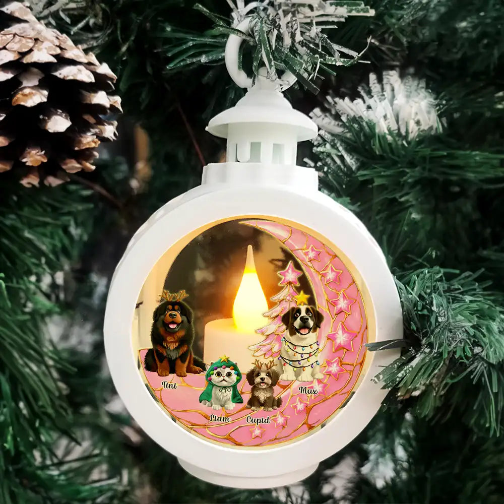 Dog Lovers,Dog Mom,Dog Dad,Dog Couple,Love,Christmas,Pet Lovers,Pet Mom,Pet Dad,Pet Couple,Cat Lovers,Cat Mom,Cat Dad,Cat Couple - Dog Cat Sitting With Stars 3D Effect - Personalized Candlelight Lantern Ornament
