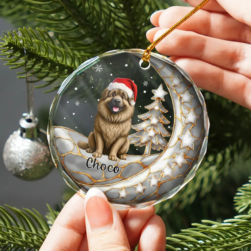 Dog Lovers,Dog Mom,Dog Dad,Dog Couple,Love,Christmas,Pet Lovers,Pet Mom,Pet Dad,Pet Couple,Cat Lovers,Cat Mom,Cat Dad,Cat Couple - Dog Cat Sitting With Stars 3D Effect - Personalized Circle Glass Ornament