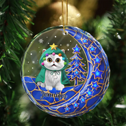 Dog Lovers,Dog Mom,Dog Dad,Dog Couple,Love,Christmas,Pet Lovers,Pet Mom,Pet Dad,Pet Couple,Cat Lovers,Cat Mom,Cat Dad,Cat Couple - Dog Cat Sitting With Stars 3D Effect - Personalized Circle Glass Ornament