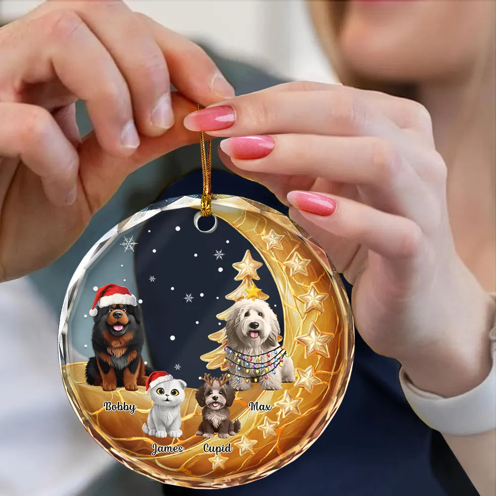 Dog Lovers,Dog Mom,Dog Dad,Dog Couple,Love,Christmas,Pet Lovers,Pet Mom,Pet Dad,Pet Couple,Cat Lovers,Cat Mom,Cat Dad,Cat Couple - Dog Cat Sitting With Stars 3D Effect - Personalized Circle Glass Ornament