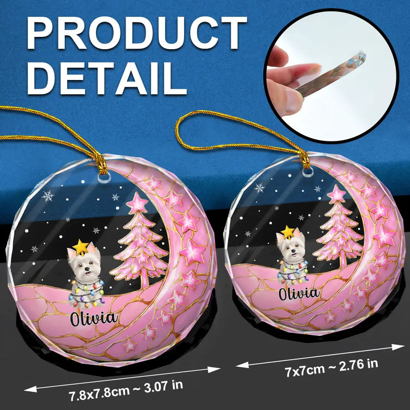 Dog Lovers,Dog Mom,Dog Dad,Dog Couple,Love,Christmas,Pet Lovers,Pet Mom,Pet Dad,Pet Couple,Cat Lovers,Cat Mom,Cat Dad,Cat Couple - Dog Cat Sitting With Stars 3D Effect - Personalized Circle Glass Ornament