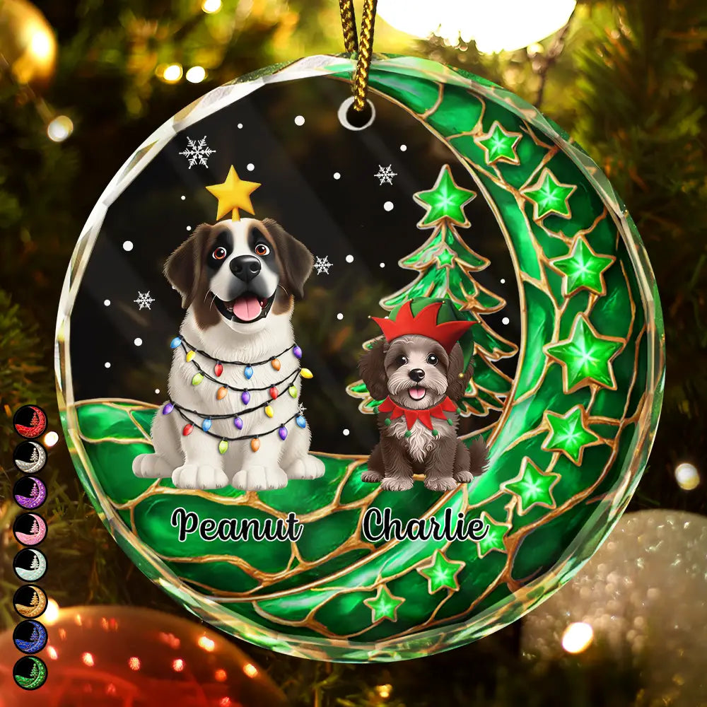 Dog Cat Sitting With Stars 3D Effect - Personalized Circle Glass Ornament