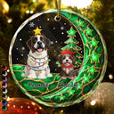 Dog Lovers,Dog Mom,Dog Dad,Dog Couple,Love,Christmas,Pet Lovers,Pet Mom,Pet Dad,Pet Couple,Cat Lovers,Cat Mom,Cat Dad,Cat Couple - Dog Cat Sitting With Stars 3D Effect - Personalized Circle Glass Ornament
