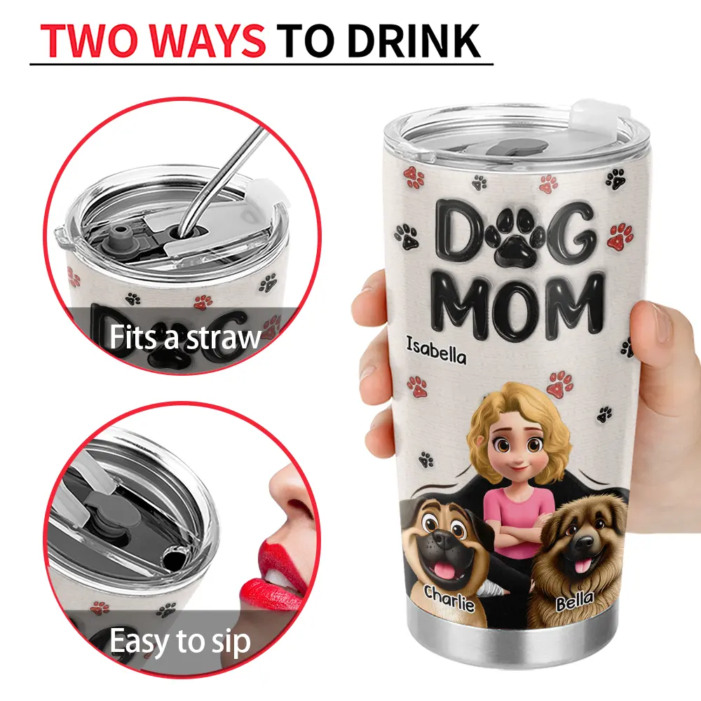 Pet Lovers,Pet Mom,Pet Dad,Dog Lovers,Dog Mom,Dog Dad,Happy - Dog Dad Dog Mom Pawprints 3D Effect - Personalized Tumbler