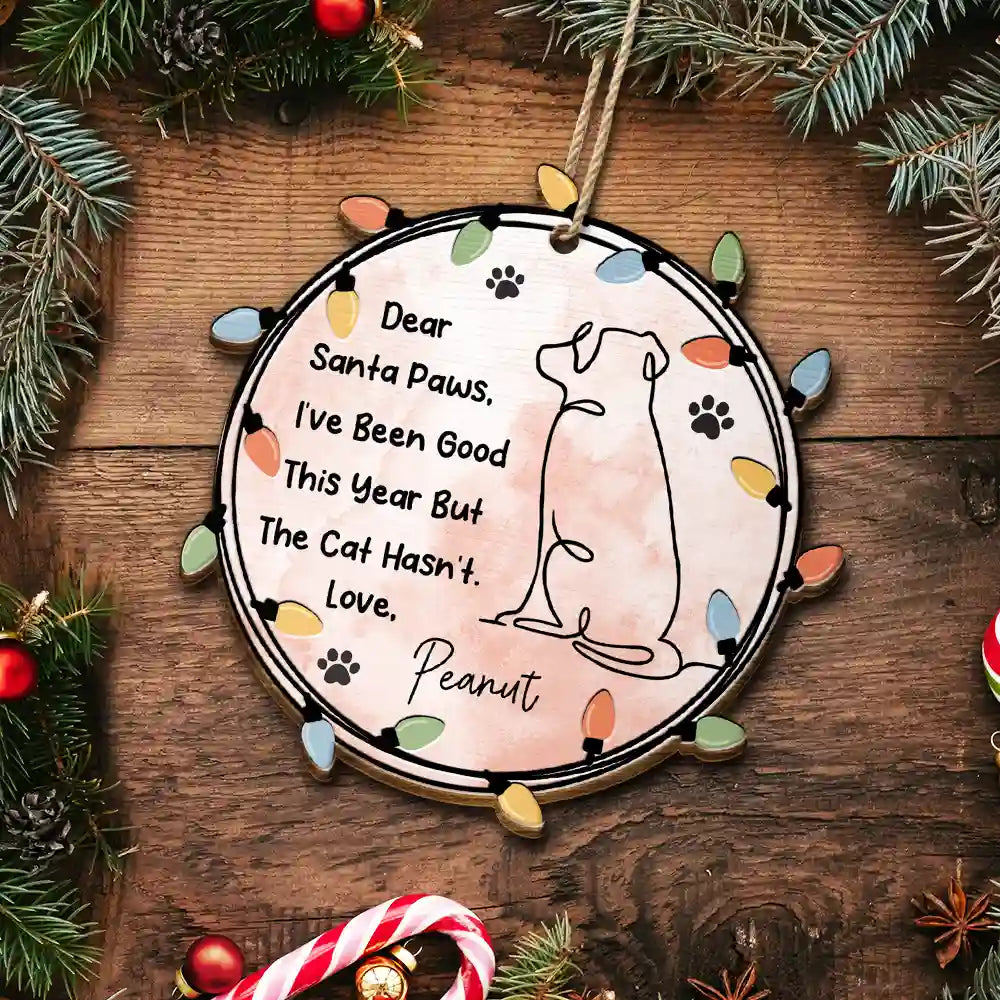 Pet Lovers, Pet Mom, Pet Dad, Dog Lovers, Dog Mom, Dog Dad, Christmas, Funny - Dog Dear Santa Paws - Personalized Custom Shaped Wooden Ornament