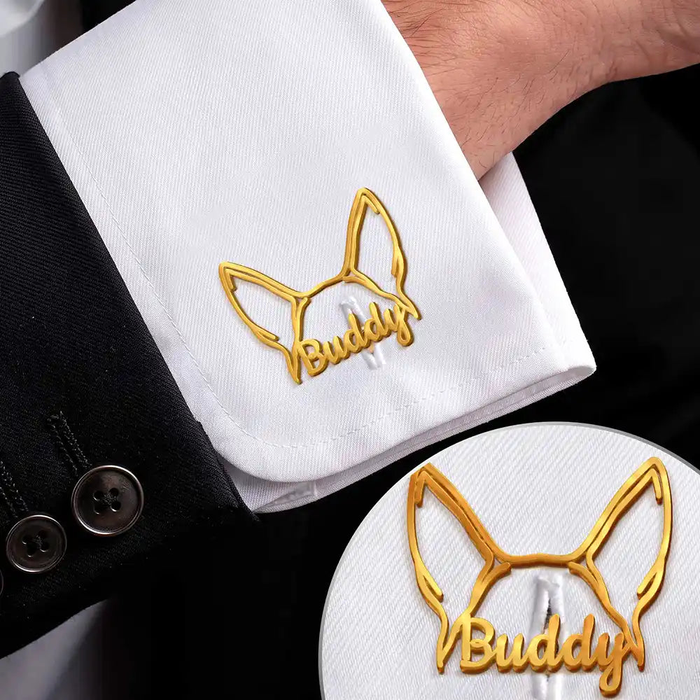 Dog Ears Line Art With Custom Name - Personalized Cufflinks