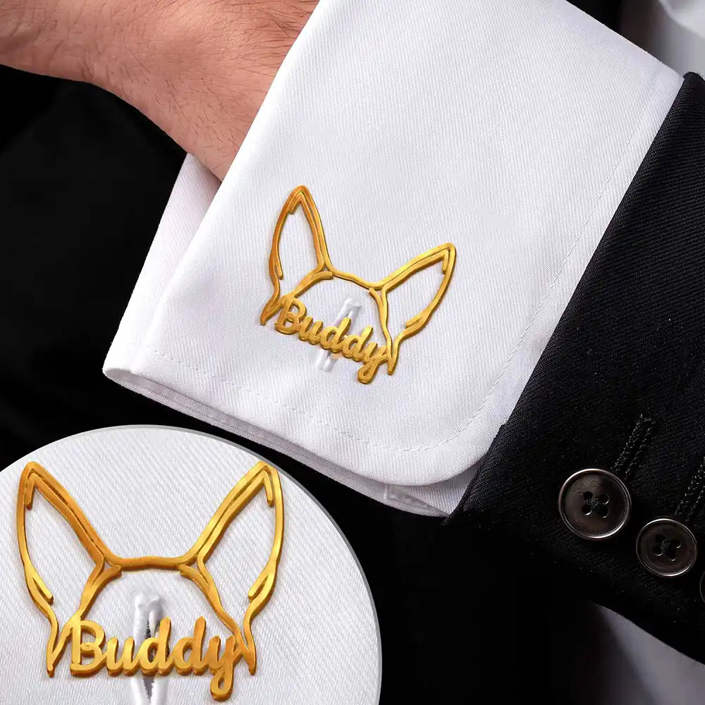 Dog Ears Line Art With Custom Name - Personalized Cufflinks