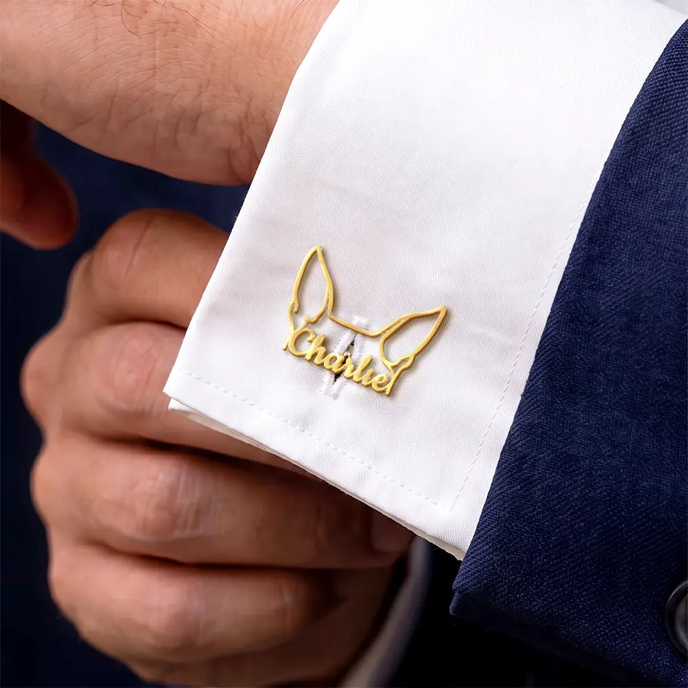 Adorable, Dog Lovers, Pet Lovers, Wedding, Vector - Dog Ears Line Art With Custom Name - Personalized Cufflinks