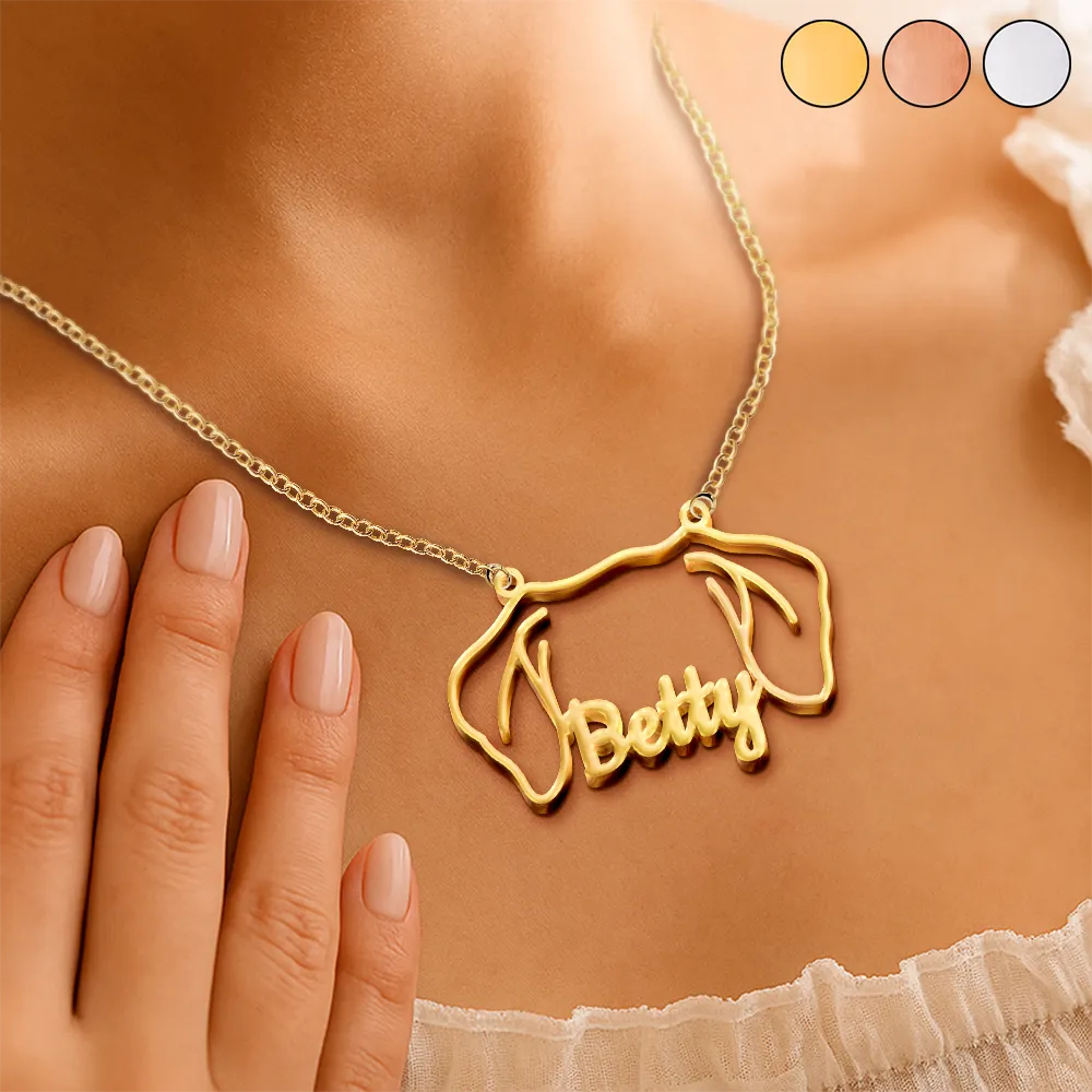 Dog Ears Line Art With Custom Name - Personalized Letter Necklace