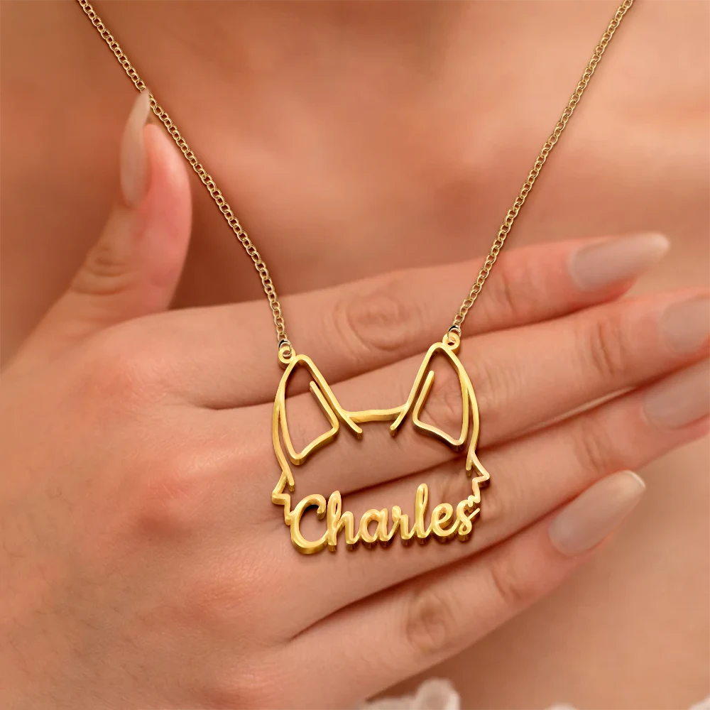 Dog Lovers,Dog Mom,Pet Lovers,Pet Mom,Love - Dog Ears Line Art With Custom Name - Personalized Letter Necklace